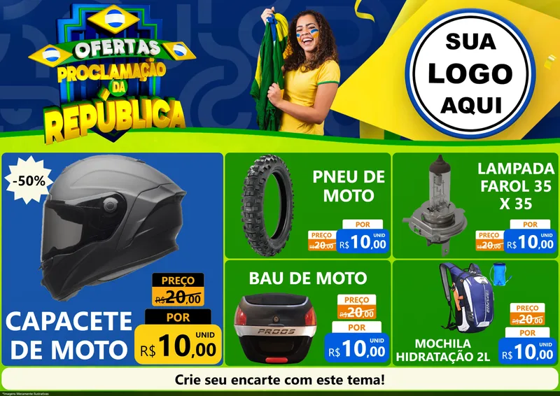 Modelo de Encarte para Encarte A4 Horizontal com o tema Ofertas Proclamação da República para Moto peças