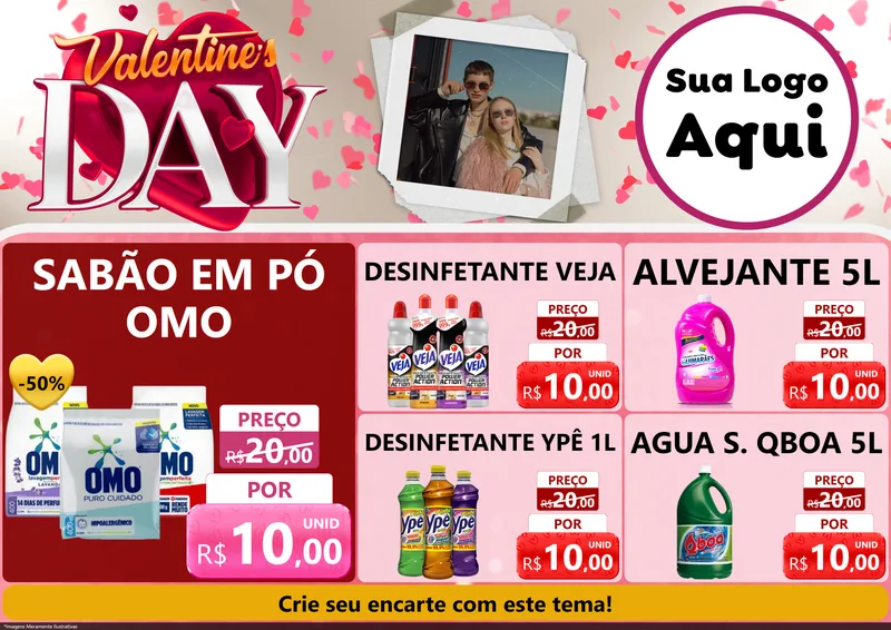 Modelo de Encarte para Encarte A4 Horizontal com o tema Valentine's Day para Produtos de Limpeza