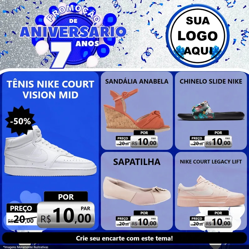 Modelo de Rede Social para Feed Facebook com o tema Promoção de Aniversário - 7 Anos para Calçados