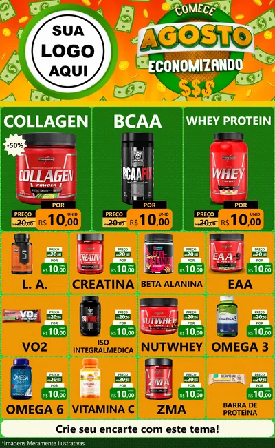 Modelo de Encarte para Encarte Grande com o tema Comece Agosto Economizando para Suplementos alimentares