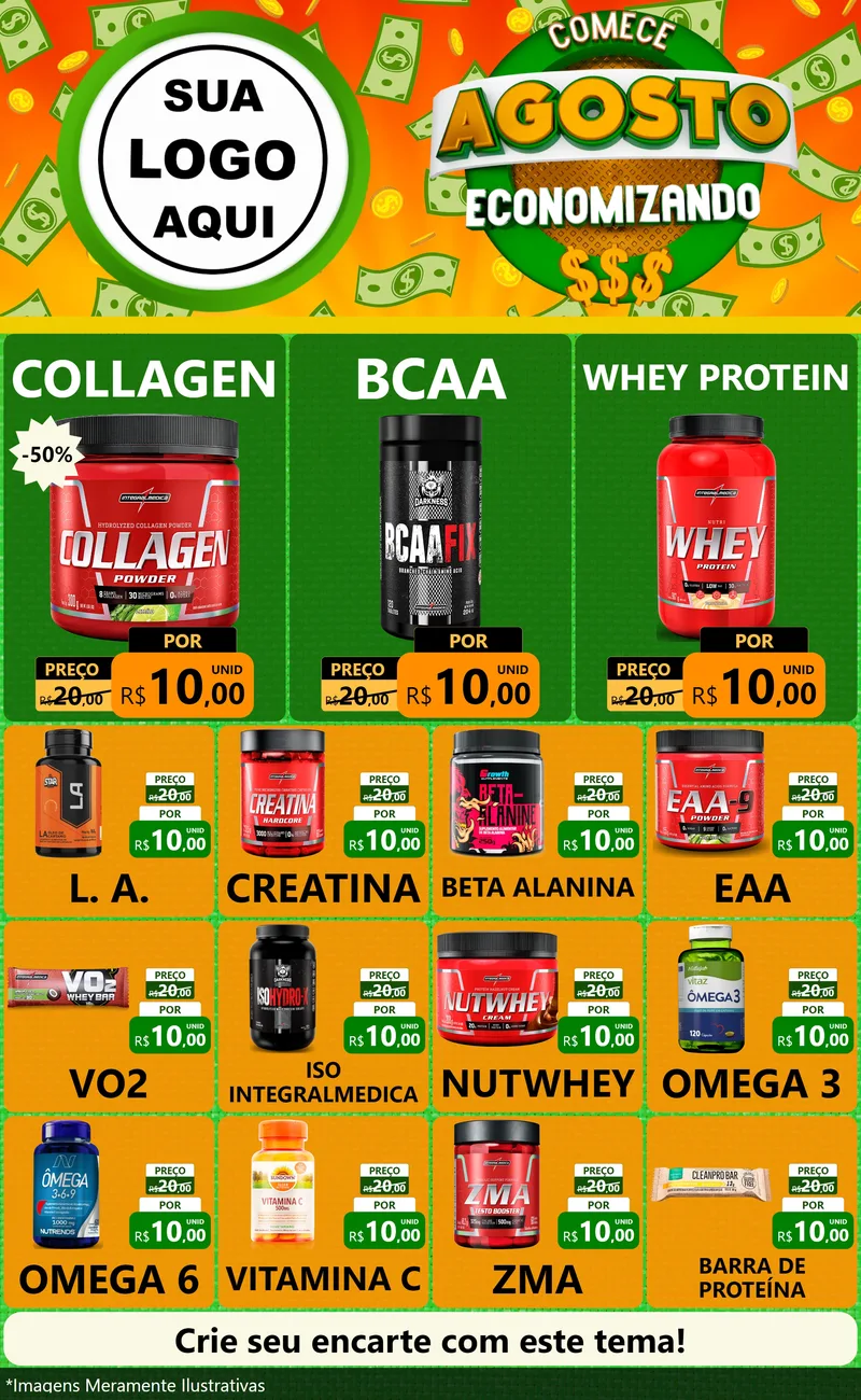 Modelo de Encarte para Encarte Grande com o tema Comece Agosto Economizando para Suplementos alimentares