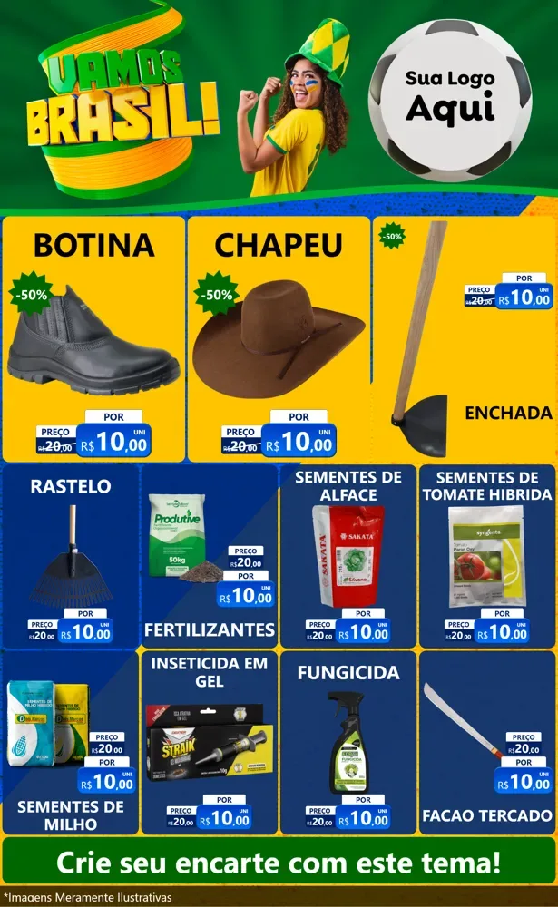 Modelo de Encarte para Encarte Grande com o tema Vamos Brasil - Copa para Agropecuária