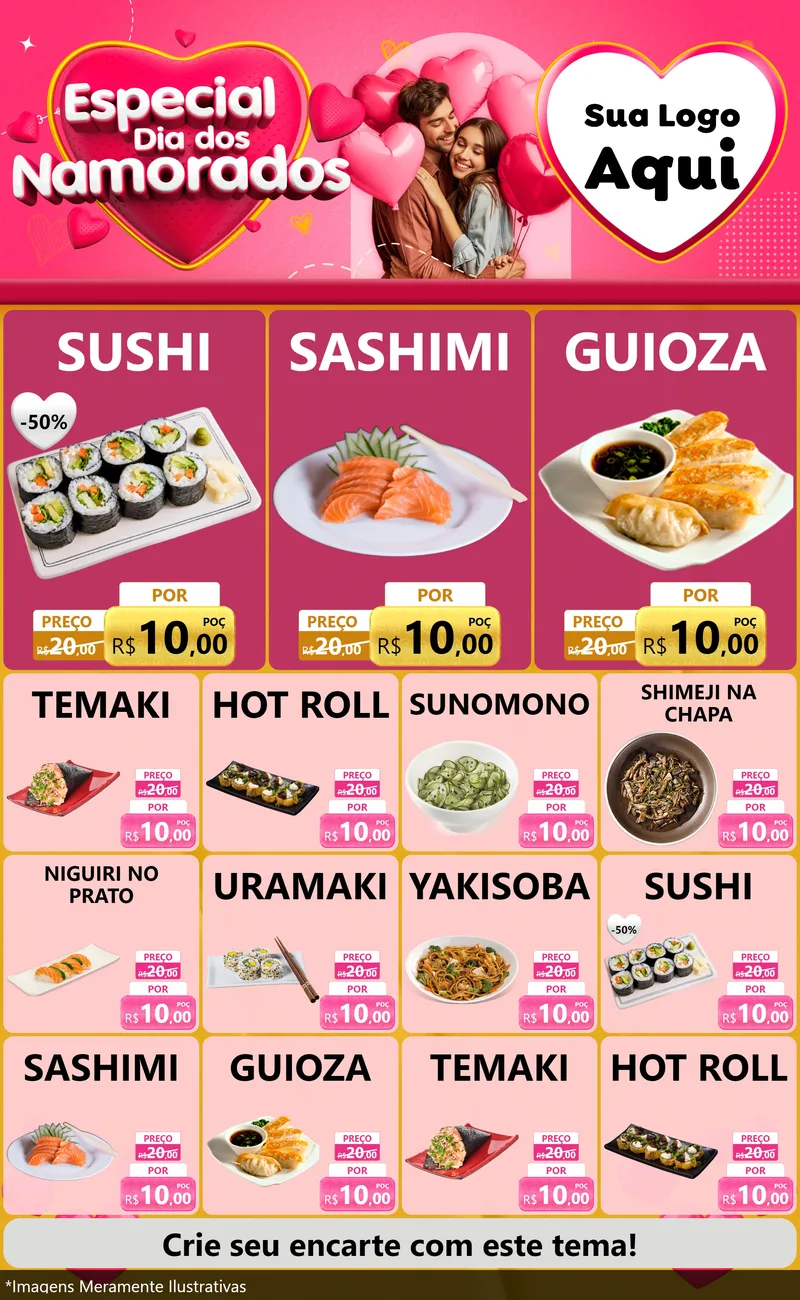Modelo de Encarte para Encarte Grande com o tema Especial Dia dos Namorados para Comida japonesa