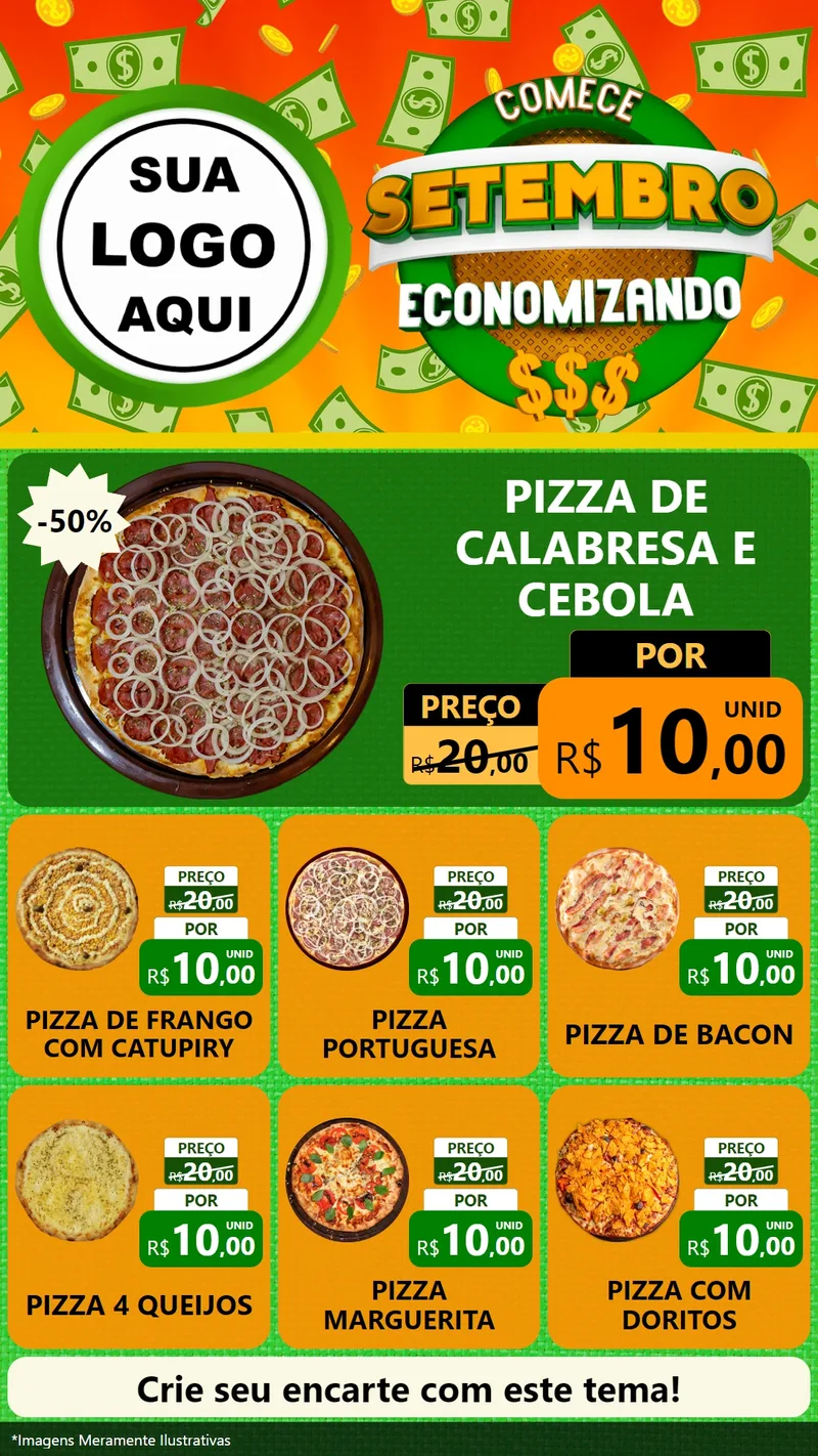 Modelo de Rede Social para Stories com o tema Comece Setembro Economizando para Pizzaria