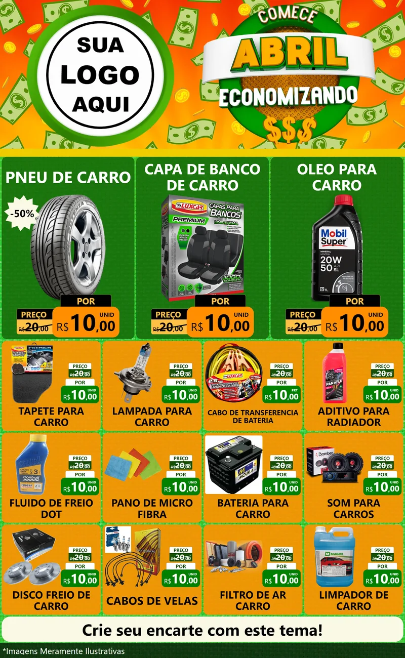Modelo de Encarte para Encarte Grande com o tema Comece Abril Economizando para Auto peças