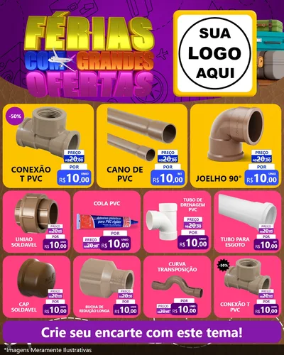 Modelo de Rede Social para Feed Instagram com o tema Férias com Grandes Ofertas para Tubos e conexões