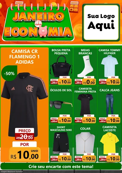 Modelo de Encarte para Encarte A4 Vertical com o tema Janeiro da Economia para Roupas e acessórios