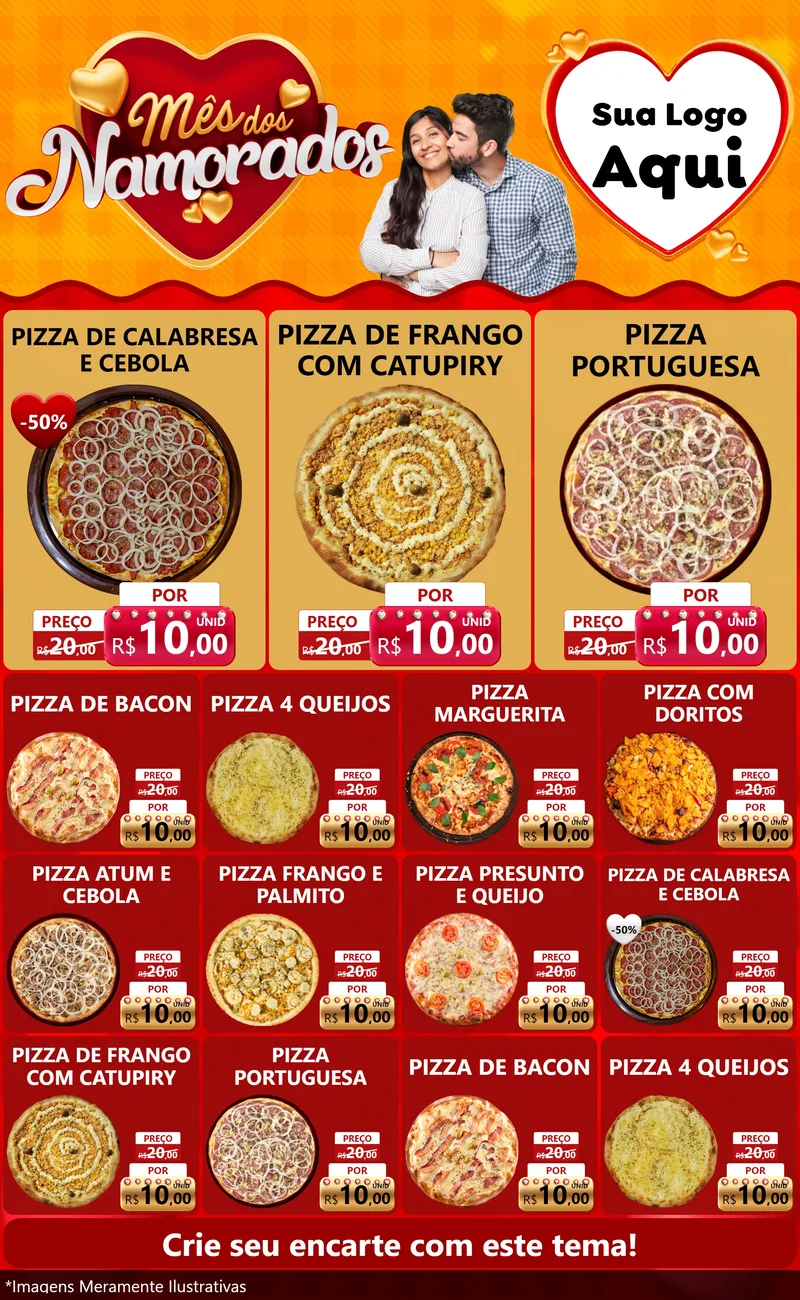 Modelo de Encarte para Encarte Grande com o tema Mês dos Namorados para Pizzaria