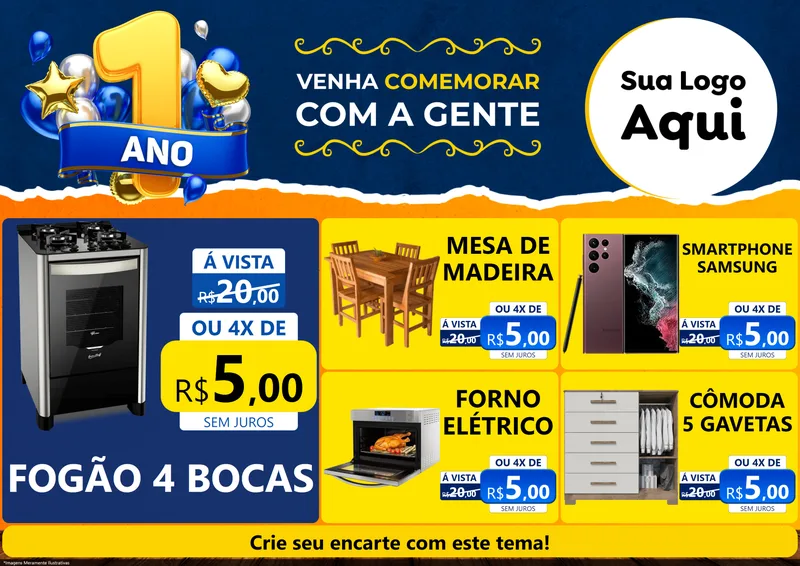 Modelo de Encarte para Encarte A4 Horizontal com o tema Um Ano de Aniversário para Móveis e Eletro