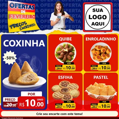 Modelo de Rede Social para Feed Facebook com o tema Ofertas de Fevereiro - Preços Incríveis para Salgadaria