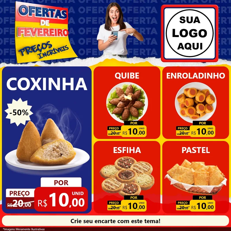 Modelo de Rede Social para Feed Facebook com o tema Ofertas de Fevereiro - Preços Incríveis para Salgadaria