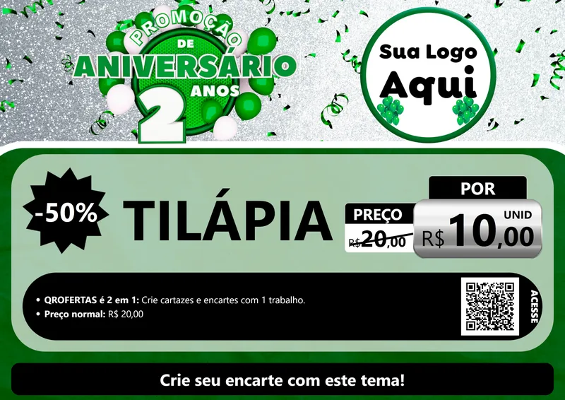 Modelo de Cartaz para Cartaz A4 Horizontal com o tema Promoção de Aniversário - 2 Anos para Peixaria