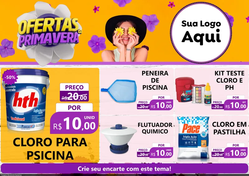Modelo de Encarte para Encarte A4 Horizontal com o tema Ofertas Da Primavera para Produtos para Piscina