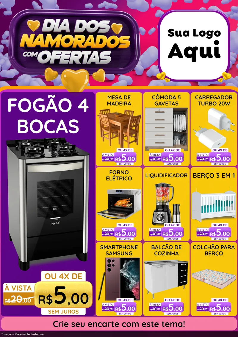 Modelo de Encarte para Encarte A4 Vertical com o tema Dia Dos Namorados Com Ofertas para Móveis e Eletro