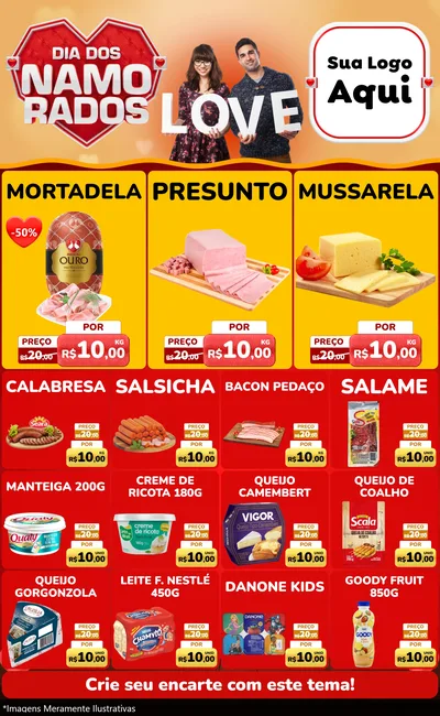 Modelo de Encarte para Encarte Grande com o tema Dia dos Namorados para Frios e Laticínios