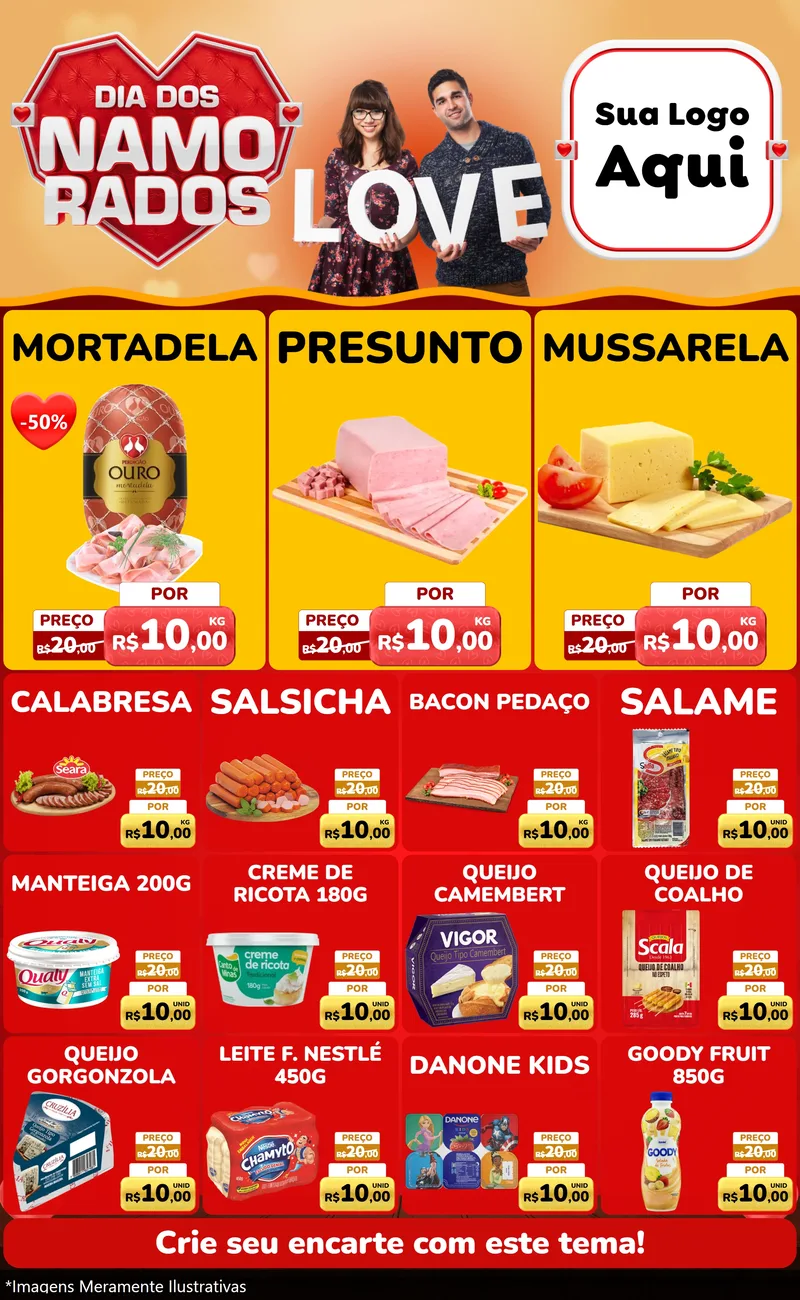 Modelo de Encarte para Encarte Grande com o tema Dia dos Namorados para Frios e Laticínios