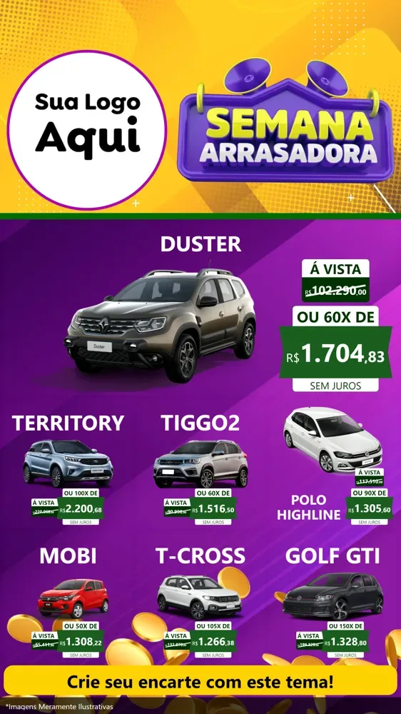Modelo de Rede Social para Stories com o tema Semana Arrasadora para Concessionaria de Carros