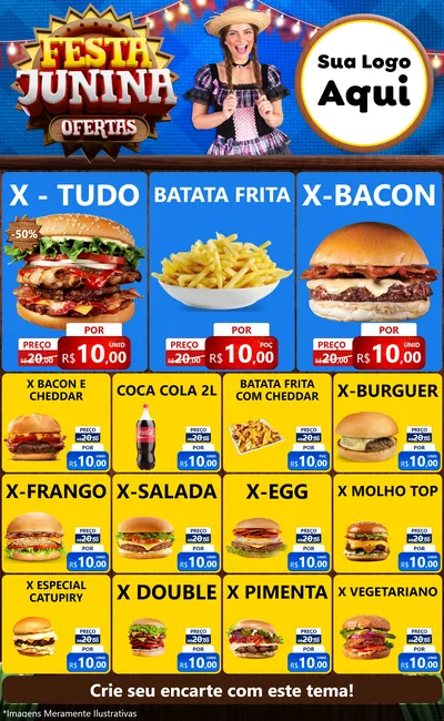 Modelo de Encarte para Encarte Grande com o tema Festa Junina Ofertas para Hamburgueria