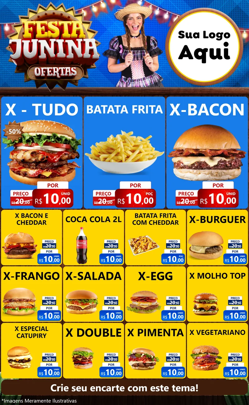 Modelo de Encarte para Encarte Grande com o tema Festa Junina Ofertas para Hamburgueria