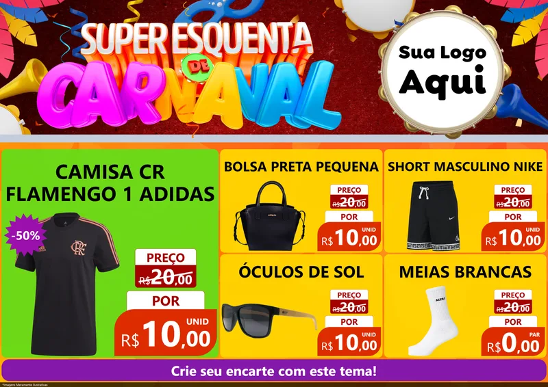 Modelo de Encarte para Encarte A4 Horizontal com o tema Super Esquenta de Carnaval para Roupas e acessórios