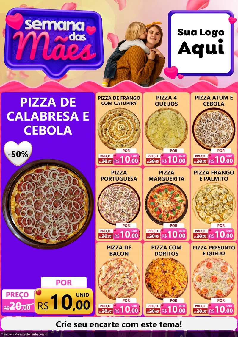 Modelo de Encarte para Encarte A4 Vertical com o tema Semana das Mães para Pizzaria