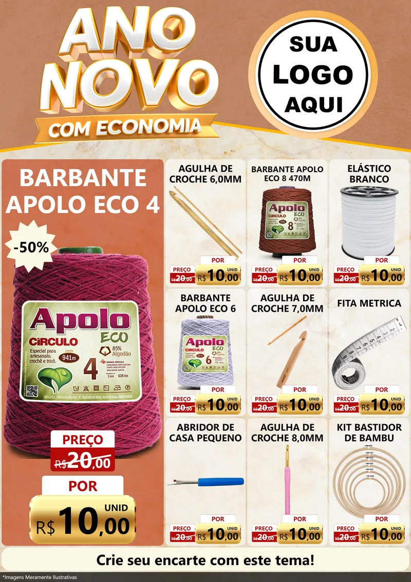 Modelo de Encarte para Encarte A4 Vertical com o tema Ano Novo Com Economia para Armarinho e Aviamentos