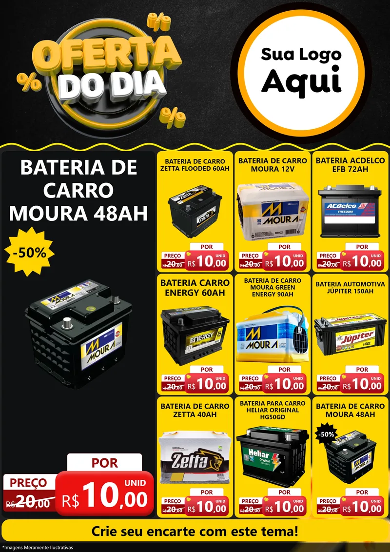 Modelo de Encarte para Encarte A4 Vertical com o tema Oferta Do Dia para Baterias Elétricas