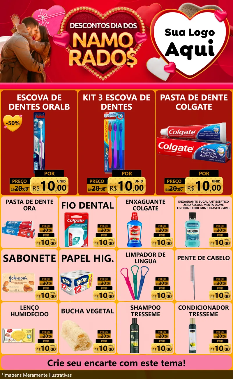 Modelo de Encarte para Encarte Grande com o tema Descontos Dia dos Namorados para Higiene Pessoal