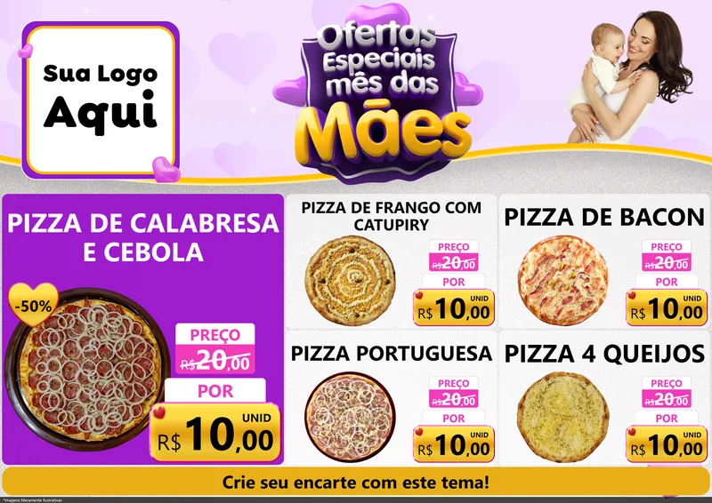 Modelo de Encarte para Encarte A4 Horizontal com o tema Ofertas Especiais - Mês das Mães para Pizzaria