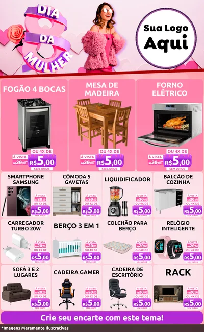 Modelo de Encarte para Encarte Grande com o tema Dia da Mulher para Móveis e Eletro