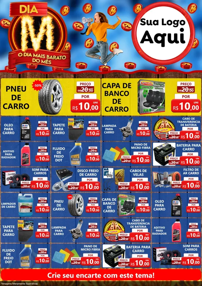 Modelo de Encarte para Encarte A4 Vertical com o tema Dia M - O Dia Mais Barato Do Mês para Auto peças