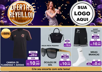 Modelo de Encarte para Encarte A4 Horizontal com o tema Ofertas de Réveillon para Roupas e acessórios