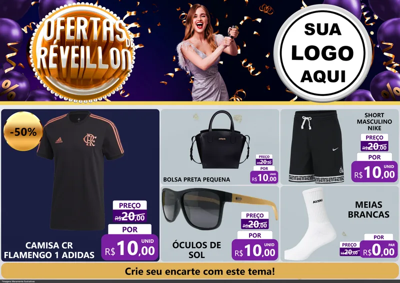 Modelo de Encarte para Encarte A4 Horizontal com o tema Ofertas de Réveillon para Roupas e acessórios