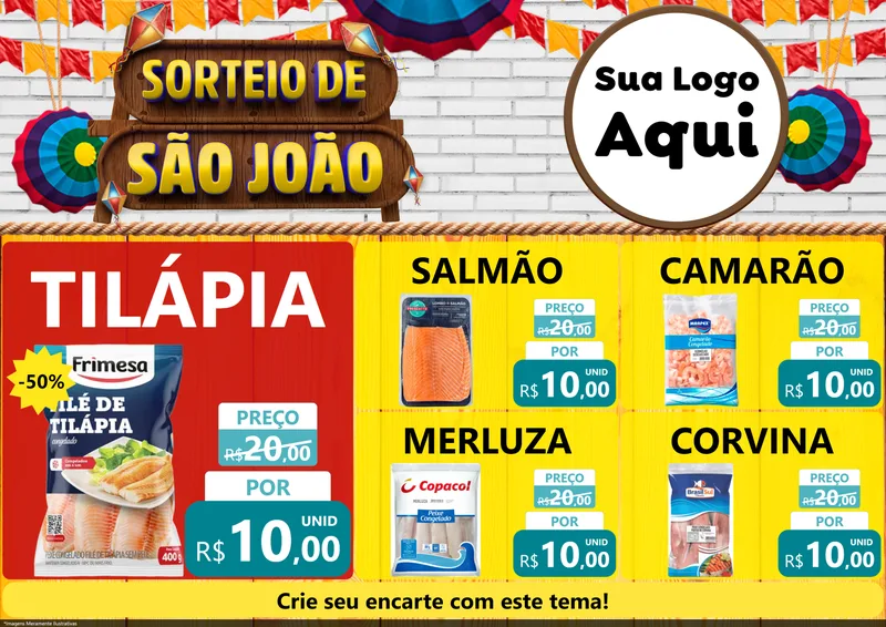 Modelo de Encarte para Encarte A4 Horizontal com o tema Sorteio de São João para Peixaria