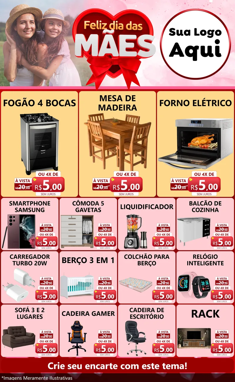 Modelo de Encarte para Encarte Grande com o tema Feliz Dia Das Mães para Móveis e Eletro