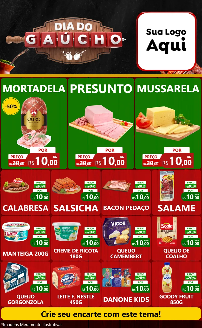 Modelo de Encarte para Encarte Grande com o tema Dia do Gaúcho para Frios e Laticínios