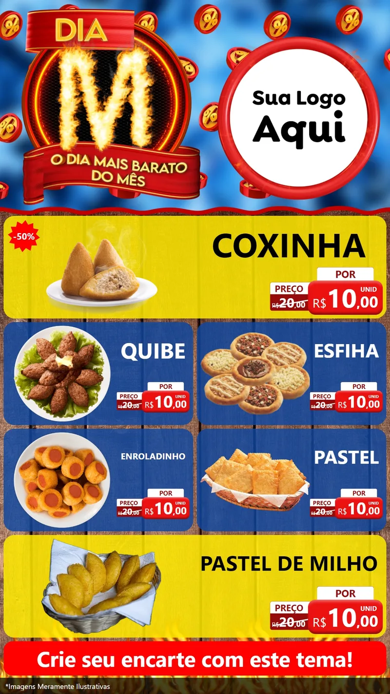 Modelo de TV para TV Vertical com o tema Dia M - O Dia Mais Barato Do Mês para Salgadaria