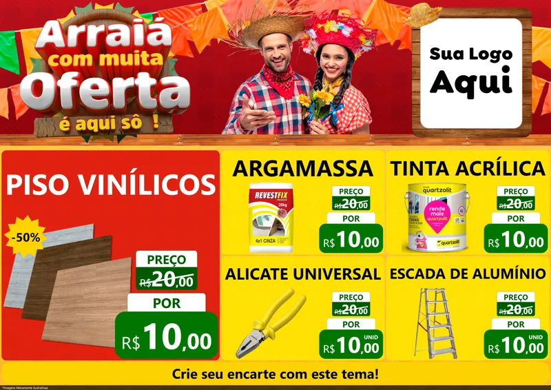Modelo de Encarte para Encarte A4 Horizontal com o tema Arraiá Com Muita Oferta - É Aqui Sô! para Material para Construção