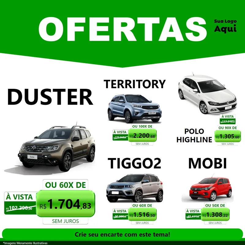 Modelo de Rede Social para Feed Facebook com o tema Ofertas Verde Cartaz para Concessionaria de Carros