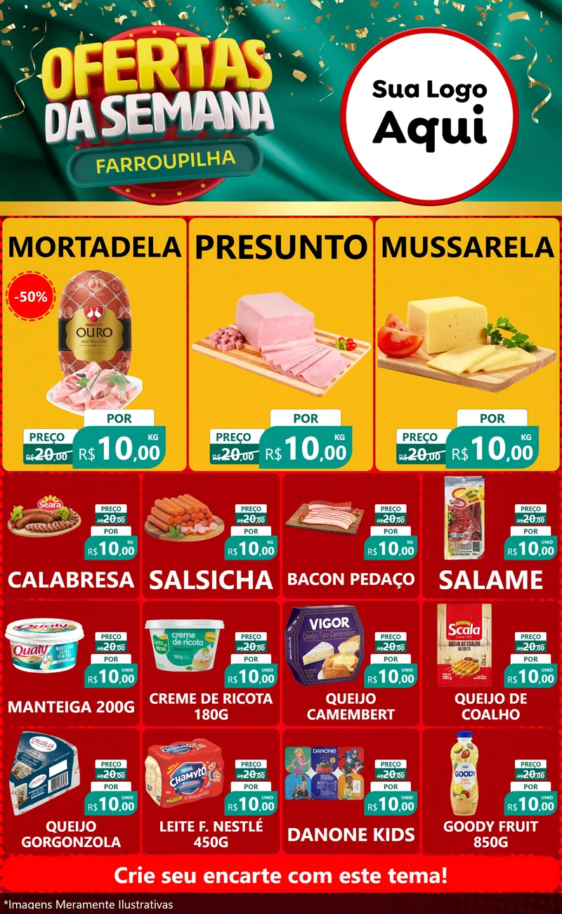 Modelo de Encarte para Encarte Grande com o tema Ofertas da Semana Farroupilha para Frios e Laticínios