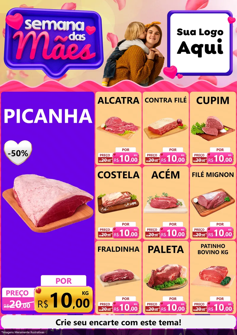 Modelo de Encarte para Encarte A4 Vertical com o tema Semana das Mães para Açougue