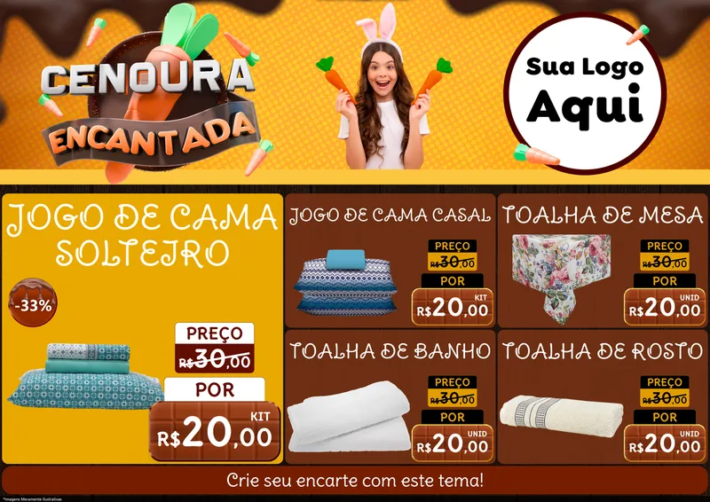 Modelo de Encarte para Encarte A4 Horizontal com o tema Cenoura Encantada - Páscoa para Cama, Mesa e Banho
