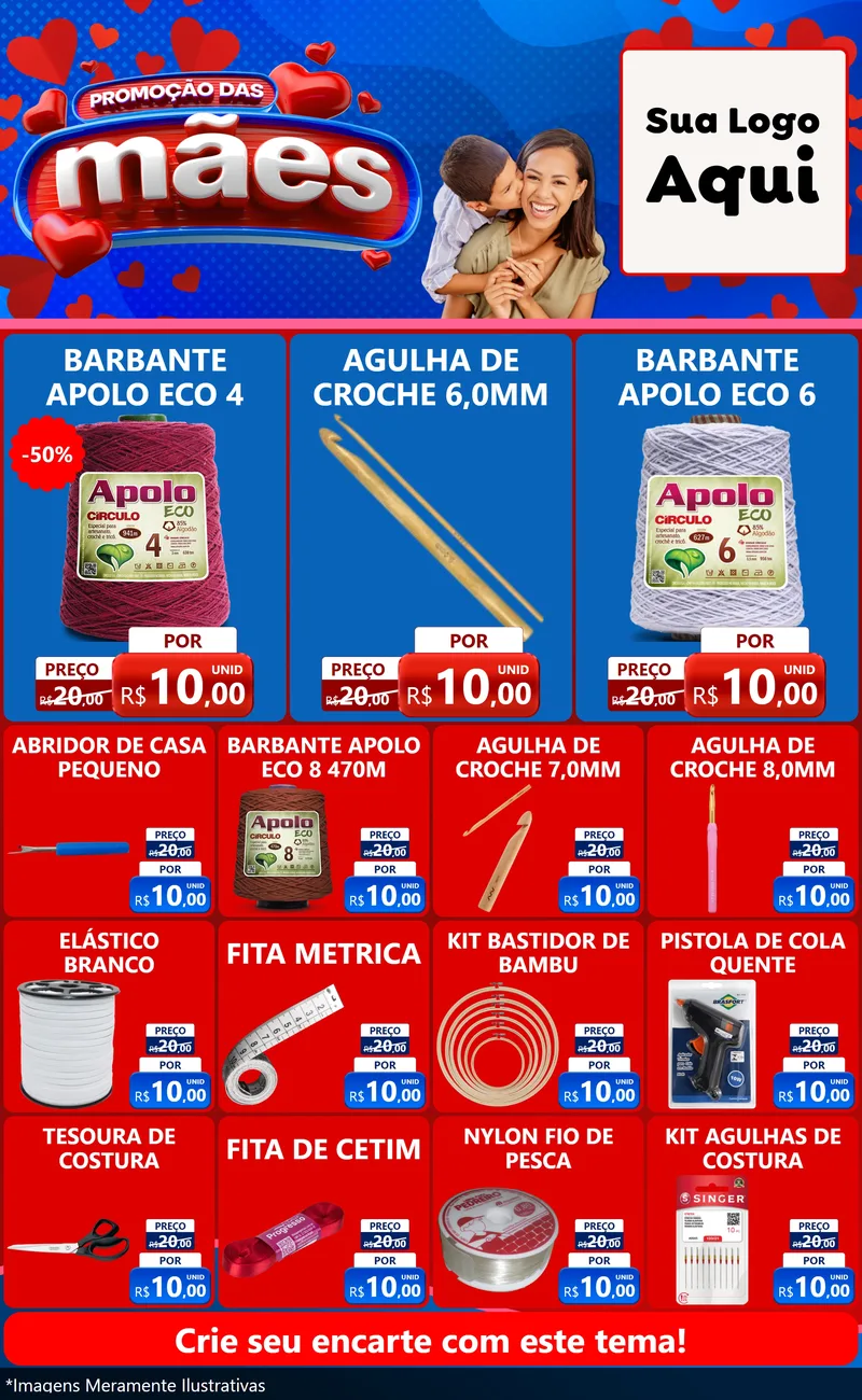 Modelo de Encarte para Encarte Grande com o tema Promoção das Mães para Armarinho e Aviamentos