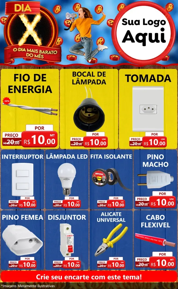 Modelo de Encarte para Encarte Grande com o tema Dia X - O Dia Mais Barato Do Mês para Materiais Elétricos