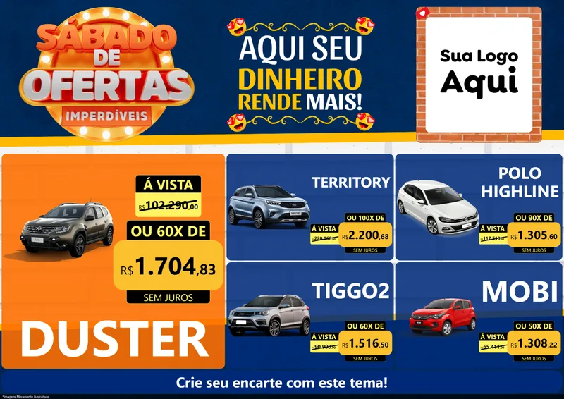 Modelo de Encarte para Encarte A4 Horizontal com o tema Sábado de Ofertas Imperdíveis para Concessionaria de Carros