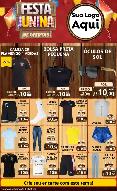Modelo de Encarte para Encarte Grande com o tema Festa Junina de Ofertas para Roupas e acessórios