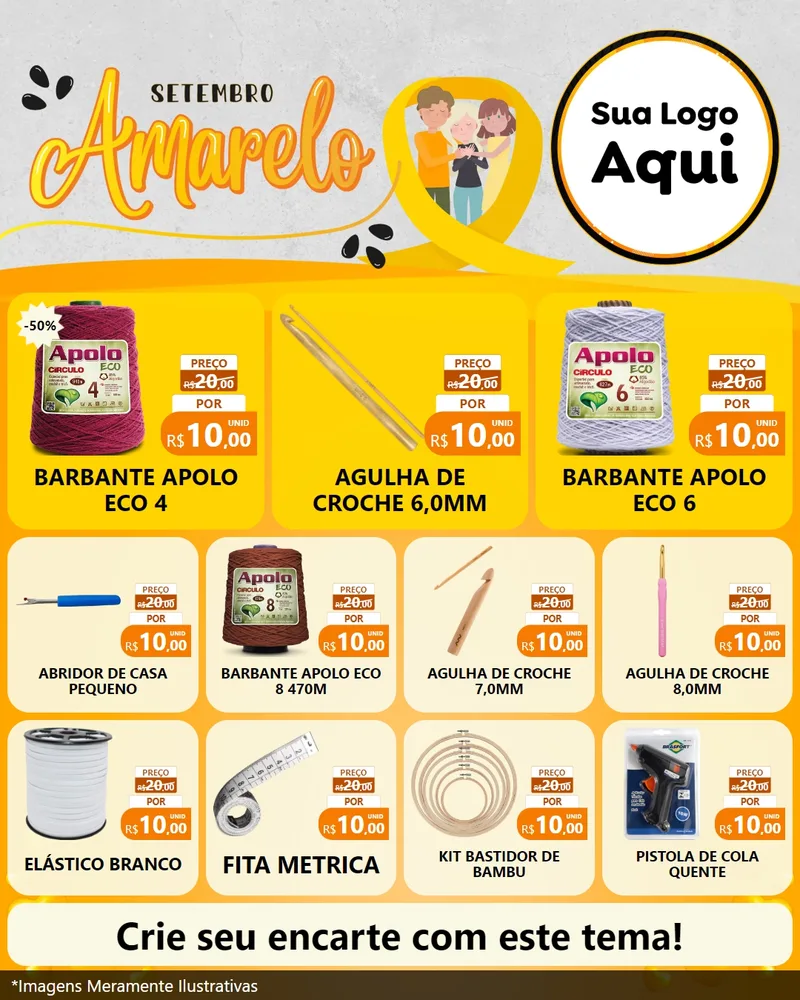 Modelo de Rede Social para Feed Instagram com o tema Setembro Amarelo para Armarinho e Aviamentos