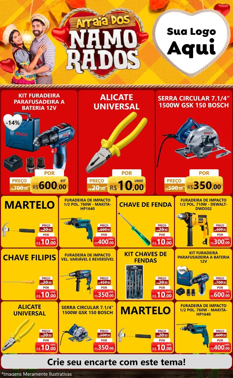 Modelo de Encarte para Encarte Grande com o tema Arraiá dos Namorados para Maquinas e Ferramentas