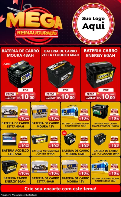 Modelo de Encarte para Encarte Grande com o tema Mega Reinauguração para Baterias Elétricas