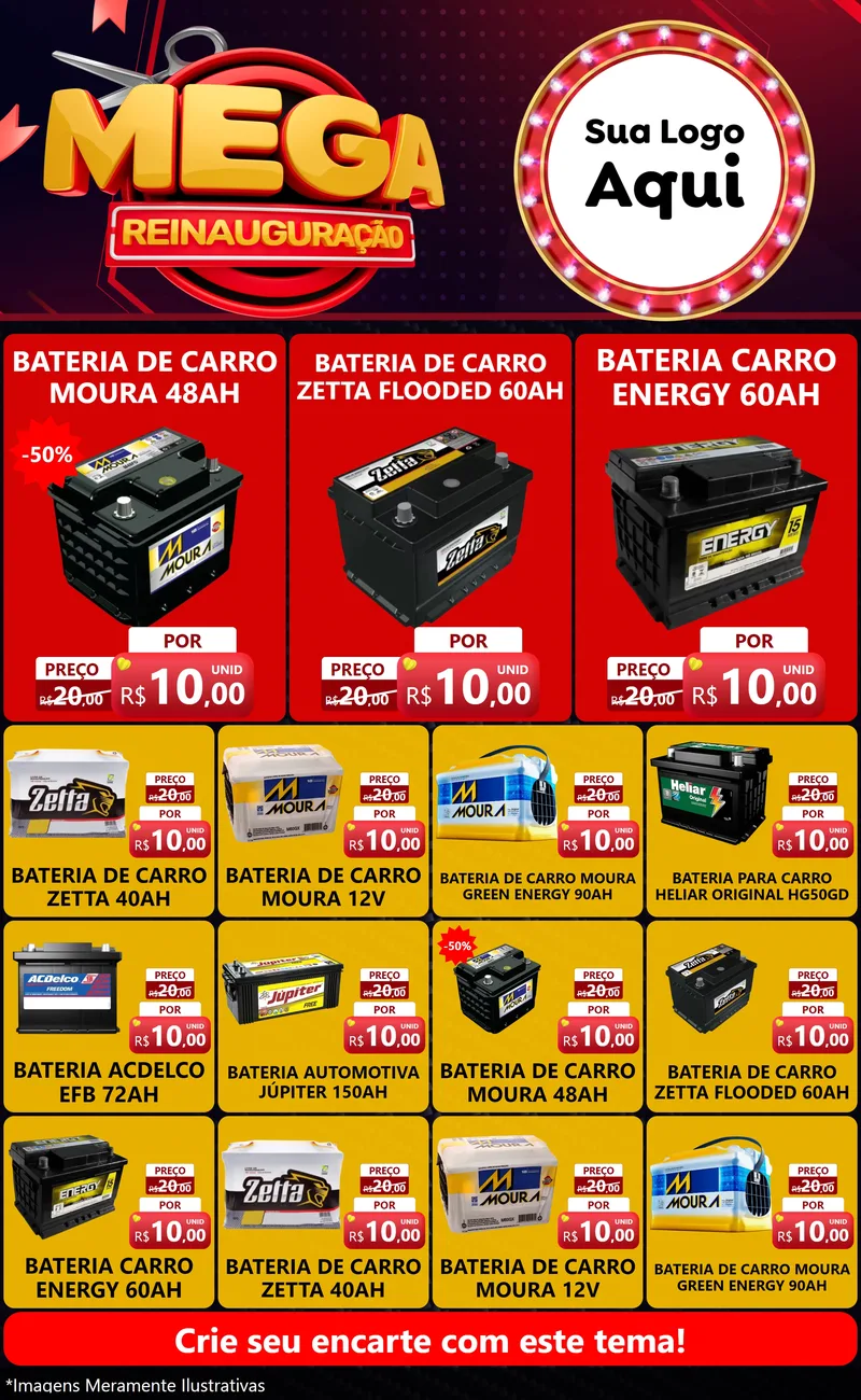 Modelo de Encarte para Encarte Grande com o tema Mega Reinauguração para Baterias Elétricas